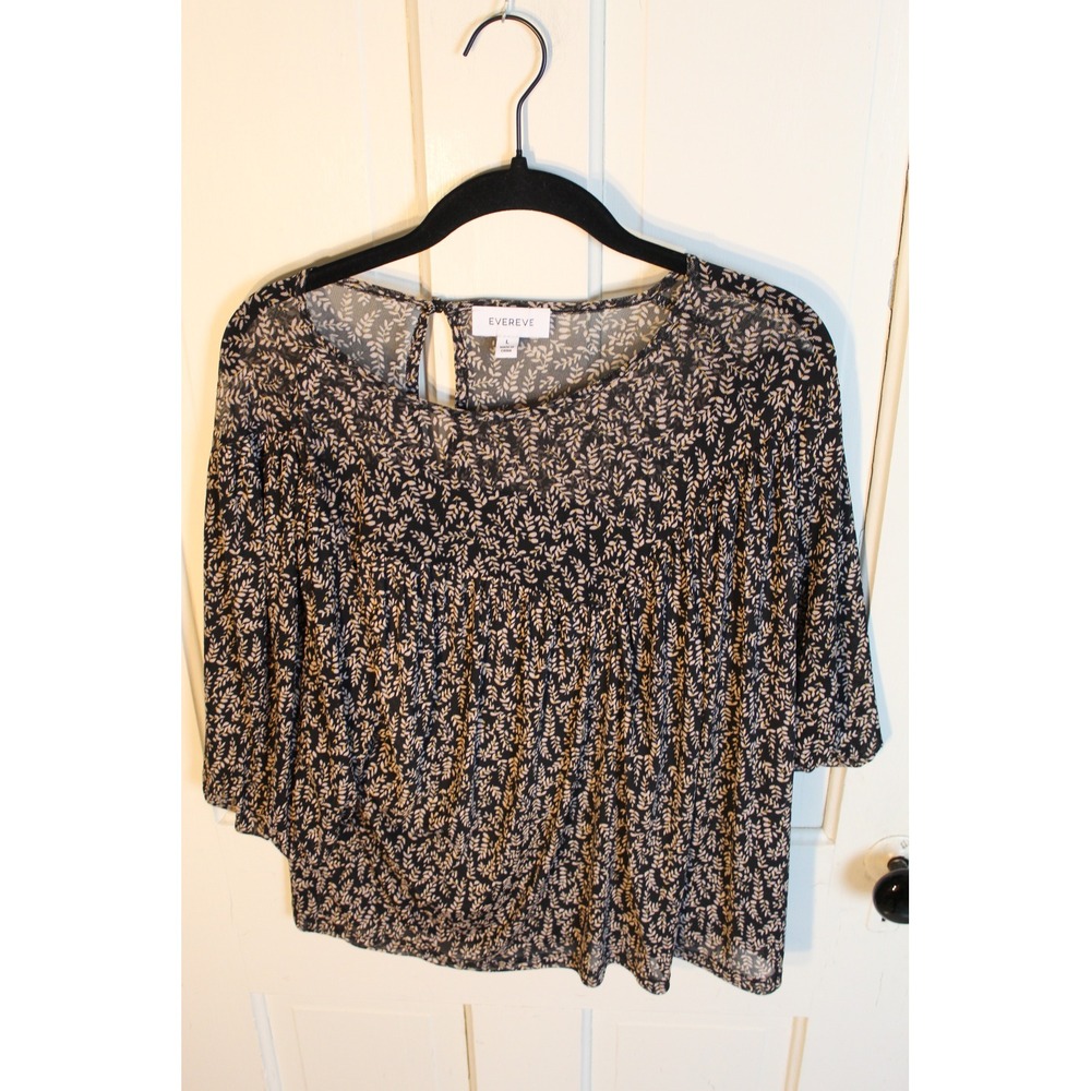 Evereve Womens Large Black Leaf Print Sheer Chiffon Blouse Keyhole Back Top
